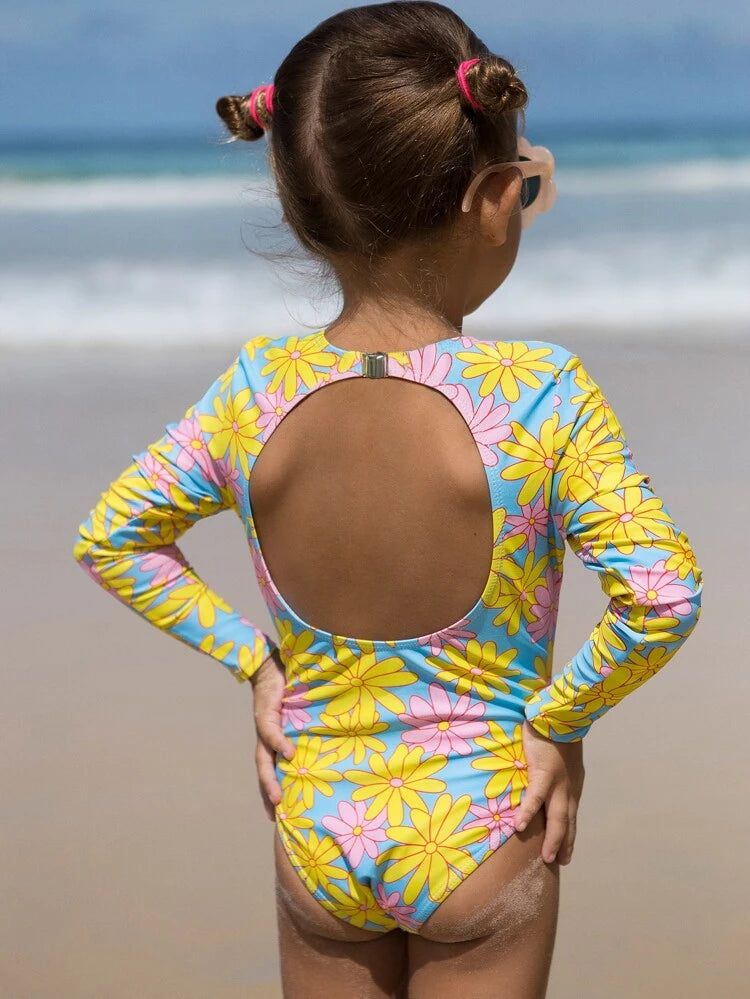 Girls’ Back-Tie Wetsuit-Style Swimsuit in Pink Palm - Alexander and Fitz