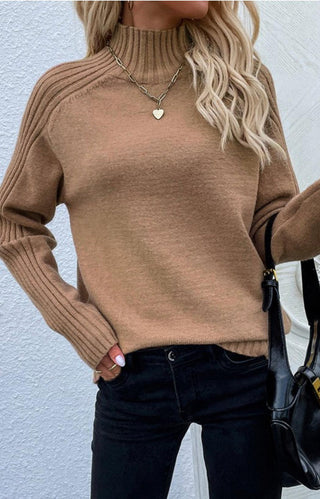 Camelatta Turtleneck Sweater - Camel colored turtleneck sweater with some stretch and over-length sleeves. Ribbed bottom hem.