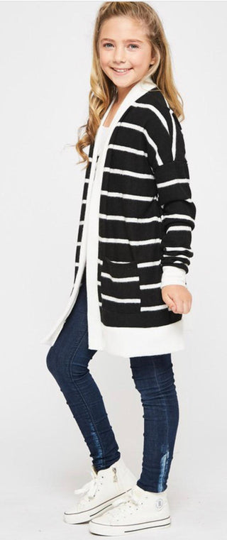 Girls’ Casual Cardi in Black & White Stripes - Alexander and Fitz