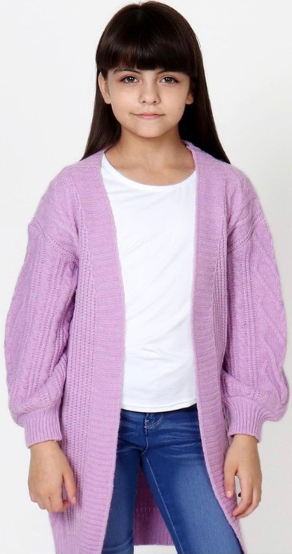 Girls’ Chunky Cable Knit Cardigan in Lilac - Alexander and Fitz