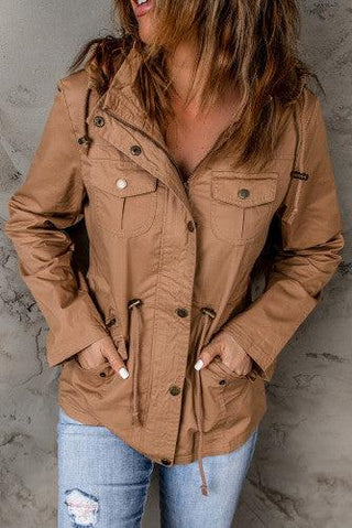 Ladies’ Hooded Fall Jacket in camel with button and zip enclosure. 