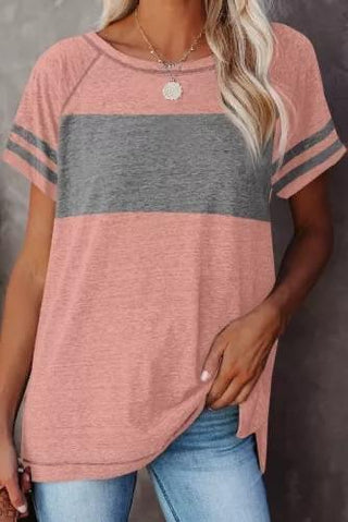 Ladies’ Pink Haze Tee - with gray color block stripes, relaxed fit with exposed seams.